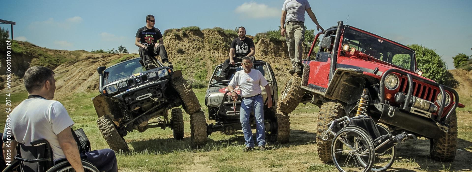 Cover. Men, disabled or not with off road vehicles.