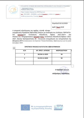 ΟΡΙΣΤΙΚΟΣ ΠΙΝΑΚΑΣ ΩΦΕΛΟΥΜΕΝΩΝ ΜΗΝΟΣ ΔΕΚΕΜΒΡΙΟΥ 2025